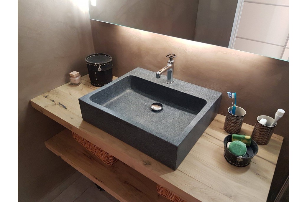 lavabo salle de bain double vasque en pierre granit gris LOOAN 100x46